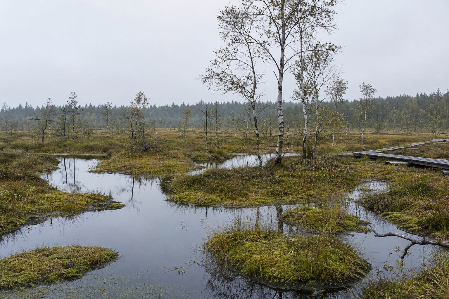Hochmoor mit Moospolstern und Birken unter grauem Himmel